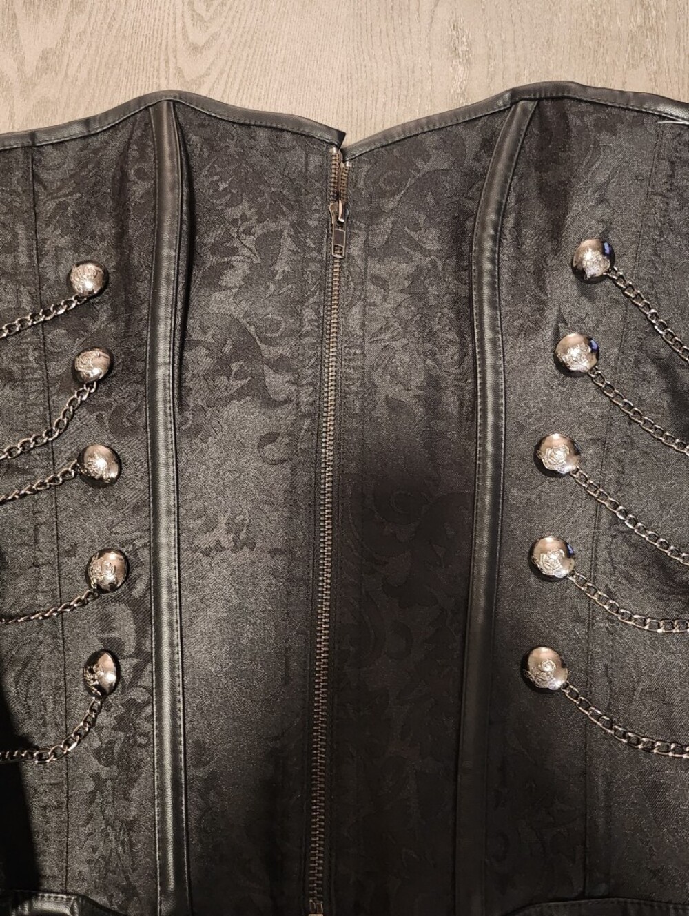 Spirit Black Embossed Strapless Corset Bodysuit with Silver Chain Accents